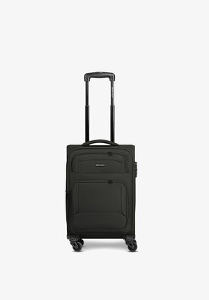 Maleta negra de carcasa blanda con asa telescópica, bolsillos delanteros con cremallera, cuatro ruedas giratorias y el logo SMARTBOX en el panel frontal.