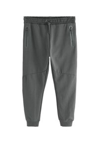Grå sweatpants med tekstureret finish, elastisk talje, snoretræk og to lynlåslommer på siderne. Tætsiddende manchetter ved anklerne.