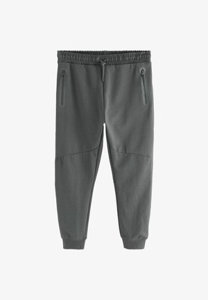 Graue Sweatpants mit strukturiertem Finish, elastischem Bund, Kordelzug und zwei seitlichen Reißverschlusstaschen. Enganliegende Bündchen an den Knöcheln.