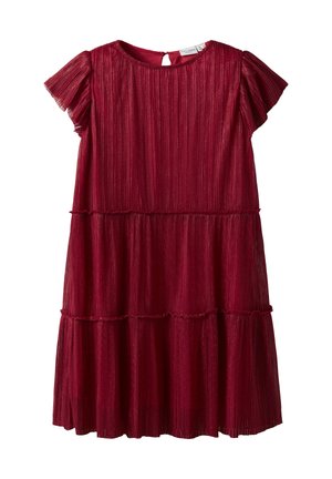 Rotes, plissiertes Kleid mit kurzen, gerüschten Ärmeln und gestuftem Design. Rückseite mit kleinem Schlüssellochausschnitt. Weicher, strukturierter Stoff.