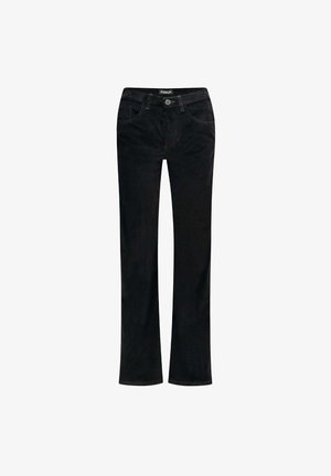 Zwarte jeans met rechte pijpen, gemaakt van denim, voorzien van een knoopsluiting aan de voorkant, riemlussen en het klassieke ontwerp met vijf zakken.