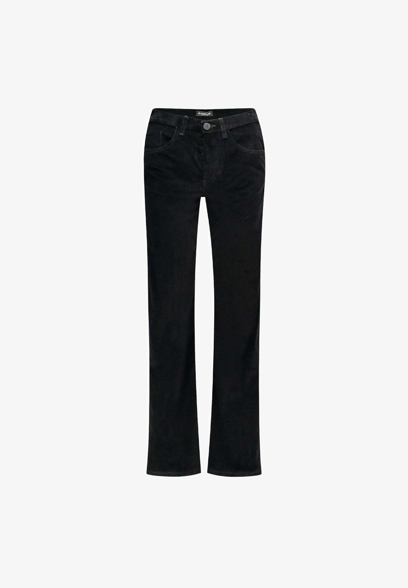 Zwarte jeans met rechte pijpen, gemaakt van denim, voorzien van een knoopsluiting aan de voorkant, riemlussen en het klassieke ontwerp met vijf zakken.