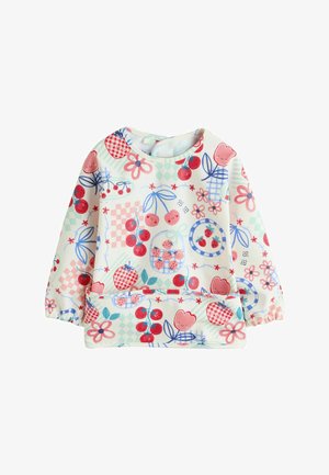 Farebná mikina z mäkkej látky s hravým ovocným a kvetinovým vzorom v červenej, modrej a pastelových odtieňoch s elastickými rukávmi.