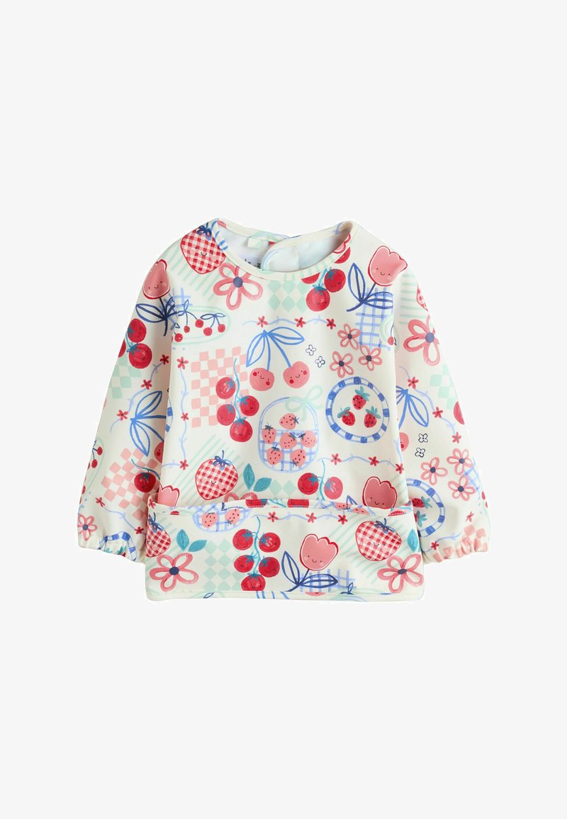 Sweat-shirt coloré en tissu doux, arborant un motif ludique de fruits et de fleurs en rouge, bleu et tons pastel avec des manches élastiquées.