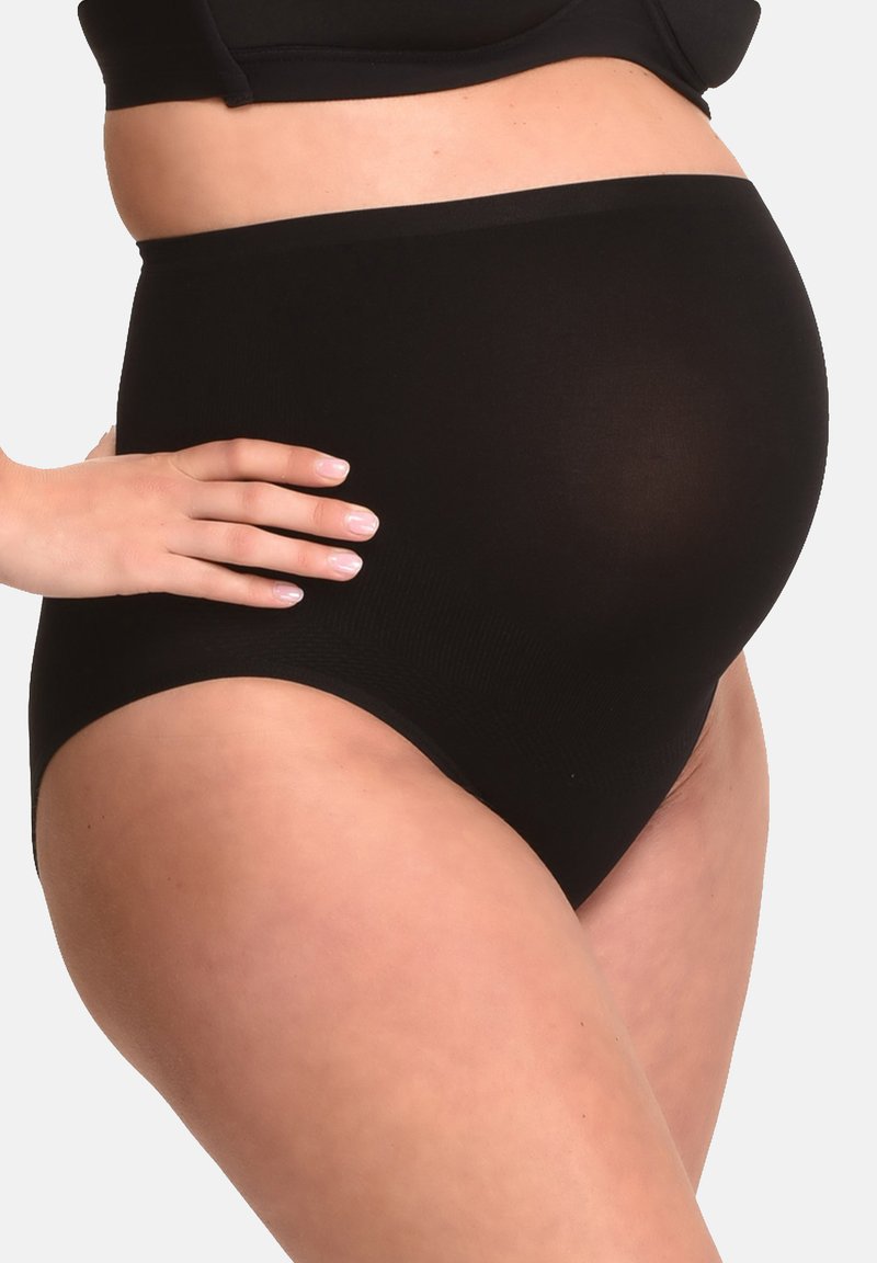 Mutande in maternità nere con vita alta, texture liscia e tessuto elasticizzato, progettate per garantire comfort durante la gravidanza.