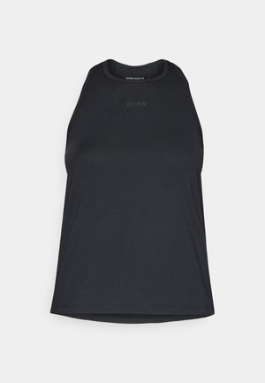 Top atlético sem mangas preto feito de material canelado, com decote arredondado e discreto logo 'BORG' na frente.
