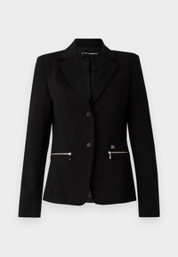 Černý přizpůsobený blejzer s jednobuttoním zapínáním, stříbrnými zipovými kapsami a elegantním designem. Vyroben z hladké, pevné látky.