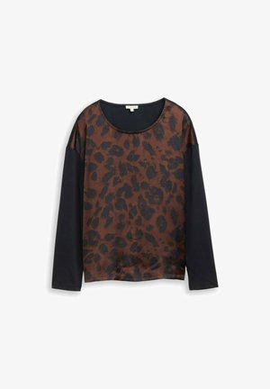 Haut à manches longues avec manches noires et panneau avant marron orné d'un motif léopard noir, avec un col rond.