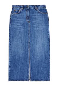 Farmerke suknja u srednje plavoj boji s ravnim krojem. Ima pet džepova, standardni pojas s kopčanjem na dugme i prednji šav za detalj.