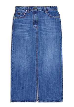 Džínová sukně ve středně modré barvě s rovného střihu. Má pět kapes, standardní pás s knoflíkovým zapínáním a přední šev pro detail.