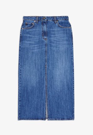 Spódnica dżinsowa w średnim niebieskim kolorze o prostym kroju. Posiada pięć kieszeni, standardowy pas z zapięciem na guzik oraz przedni szew jako detal.