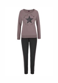 Two-piece pajama set featuring a mauve long-sleeve top with a black star graphic and text, paired with black pants with side stripes.