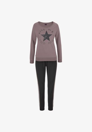 Two-piece pajama set featuring a mauve long-sleeve top with a black star graphic and text, paired with black pants with side stripes.