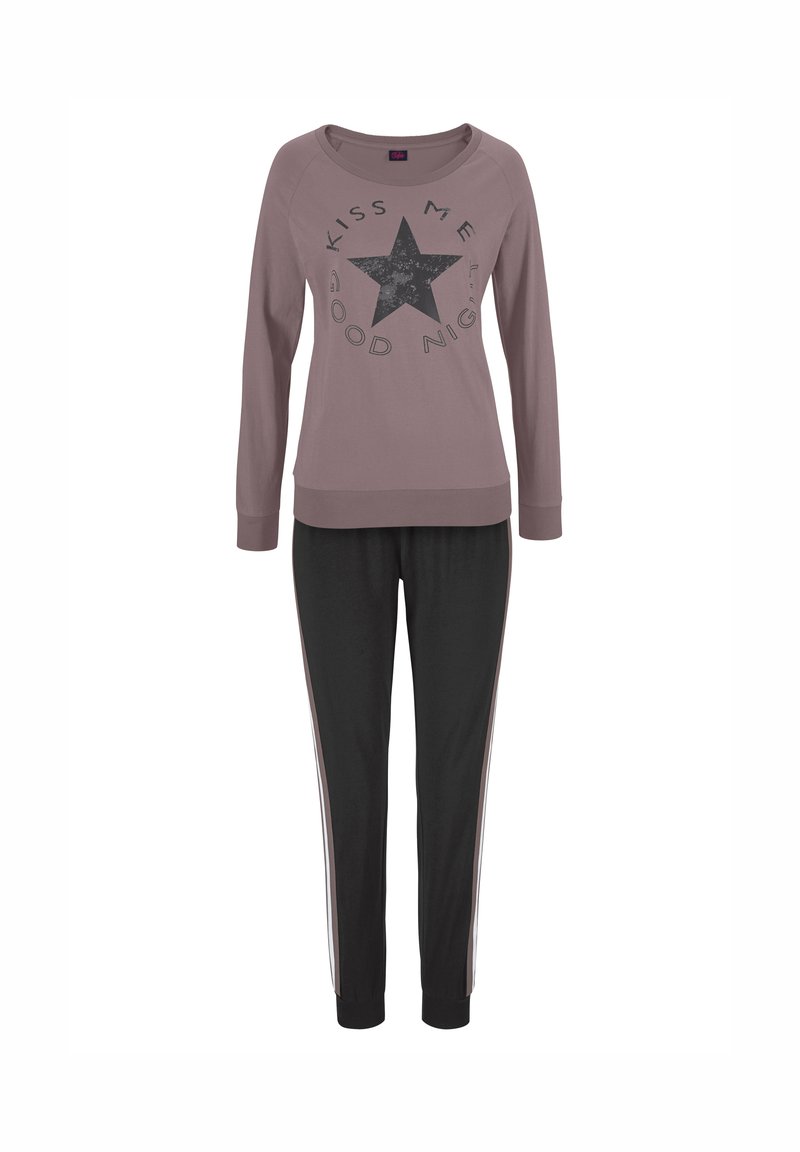 Two-piece pajama set featuring a mauve long-sleeve top with a black star graphic and text, paired with black pants with side stripes.