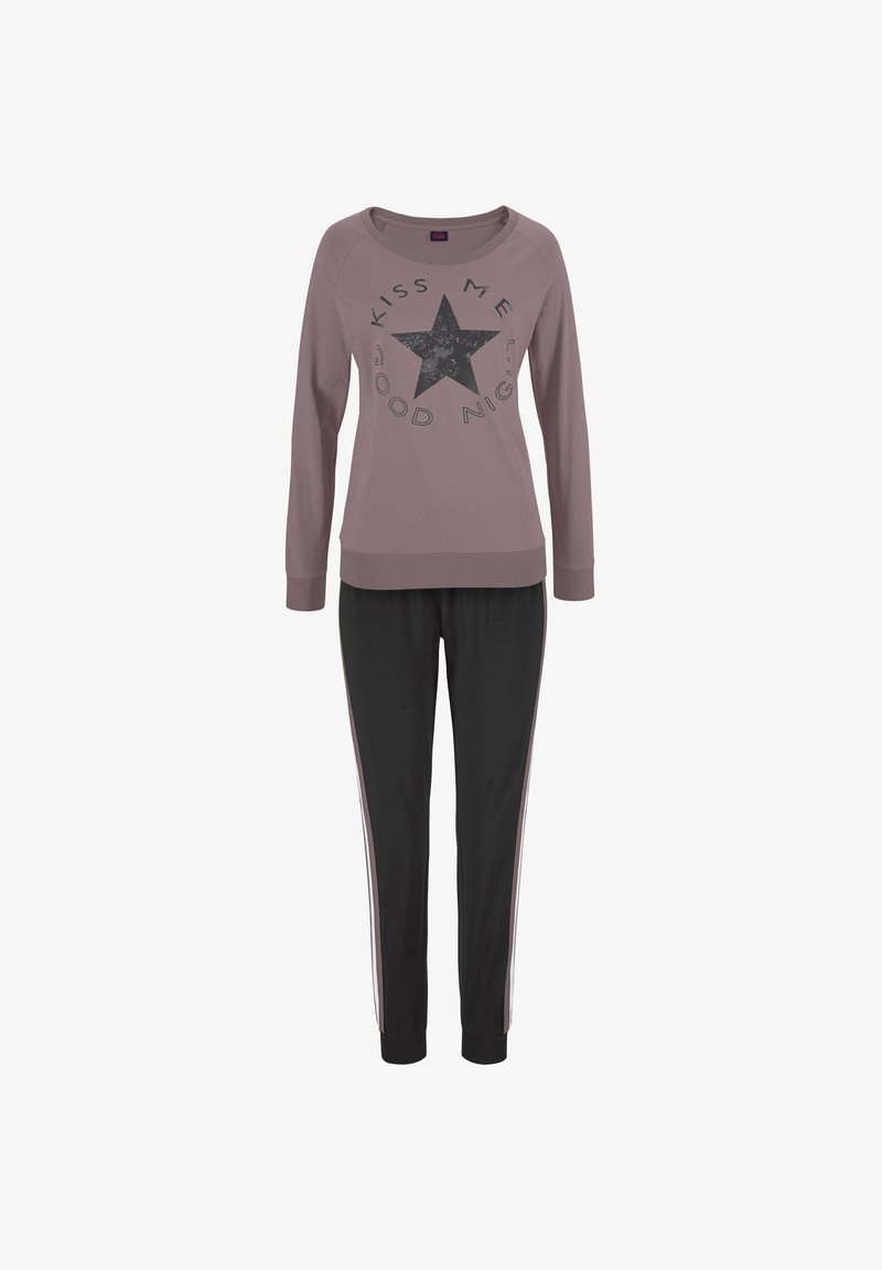 Two-piece pajama set featuring a mauve long-sleeve top with a black star graphic and text, paired with black pants with side stripes.