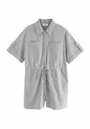 Romper a righe a maniche corte in grigio e bianco, con colletto a camicia, due tasche frontali, cintura regolabile e maniche arrotolate.