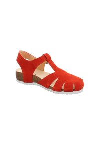 Red suede sandal featuring cut-out design, open toe, and ankle strap. Light brown insole and white rubber sole for traction.