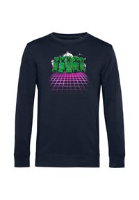 Felpa a maniche lunghe blu navy con personaggi pixelati verdi su uno sfondo a griglia rosa con accenti di spruzzi bianchi. Tessuto morbido in cotone misto.