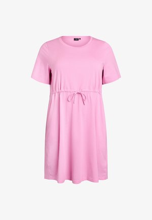 Rosa T-Shirt-Kleid aus weichem Baumwollstoff, mit Rundhalsausschnitt, kurzen Ärmeln und einem Kordelzug in der Taille für eine lockere Passform.