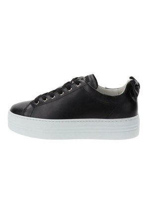 Schwarze Ledersneaker mit abgerundeter Zehenpartie, sechs Ösen, weißer Plattformsohle und einer kleinen Lasche hinten für ein einfaches An- und Ausziehen.
