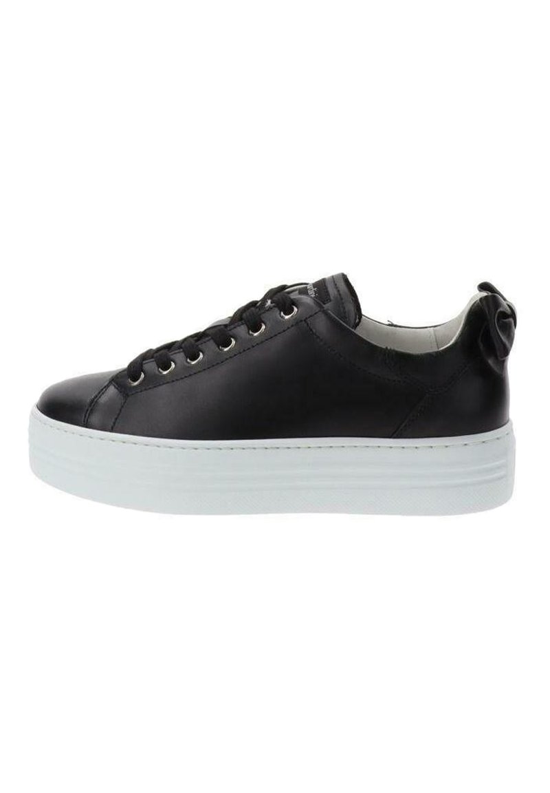 Schwarze Ledersneaker mit abgerundeter Zehenpartie, sechs Ösen, weißer Plattformsohle und einer kleinen Lasche hinten für ein einfaches An- und Ausziehen.