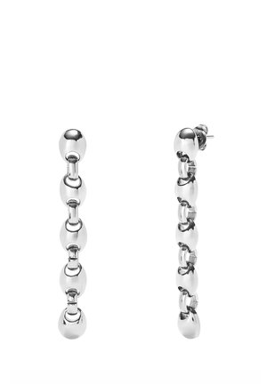 Boucles d'oreilles longues en argent composées de segments ovales et ronds lisses et brillants reliés entre eux, avec des attaches à tige.