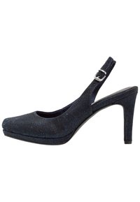Zapato de tacón slingback en azul marino con tela texturizada, punta redonda y un tacón de 10 cm. Presenta una hebilla en la correa ajustable para un ajuste seguro.