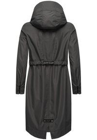Dark gray long jacket with a hood, cinched waist, and logo details. Features a smooth texture and long sleeves with adjustable cuffs.