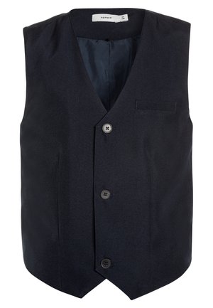 Gilet formel bleu marine avec trois boutons sur le devant, col en V, une poche poitrine à passepoil, et une doublure intérieure en tissu lisse.