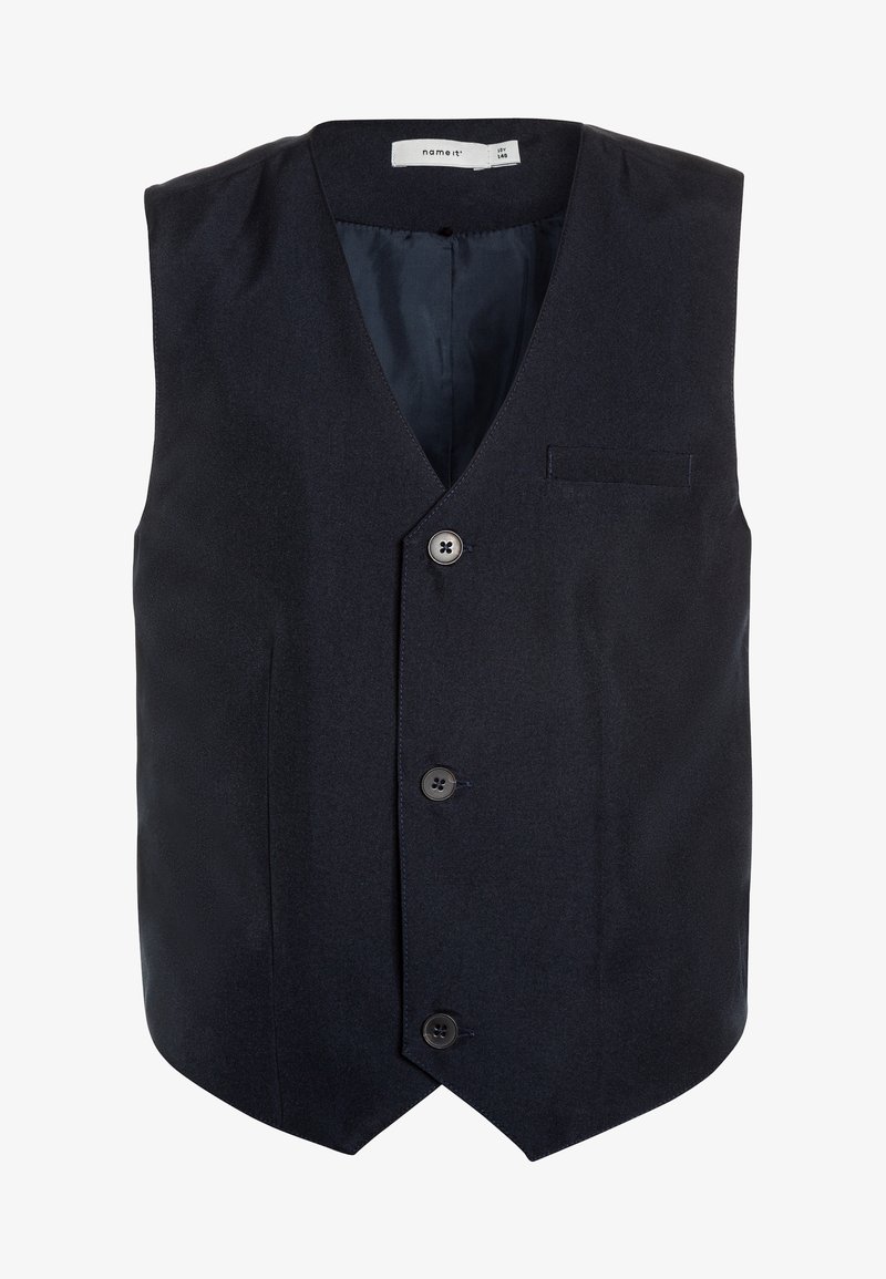 Granatowa formalna kamizelka z trzema przednimi guzikami, dekoltem w serek, kieszenią piersiową z obszyciem oraz gładką podszewką wewnątrz.