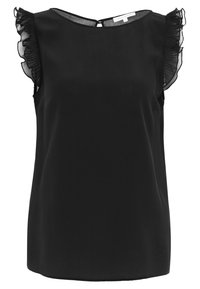 Top senza maniche nero realizzato in tessuto liscio, con dettagli trasparenti arricciati sulle spalle e scollo rotondo con una piccola apertura a forma di chiave.