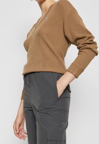 Brun, v-ringad tröja i texturerad stickning, parat med grå cargobyxor med sidofickor och dragsko i midjan. Lacoste-logotyp på tröjan.