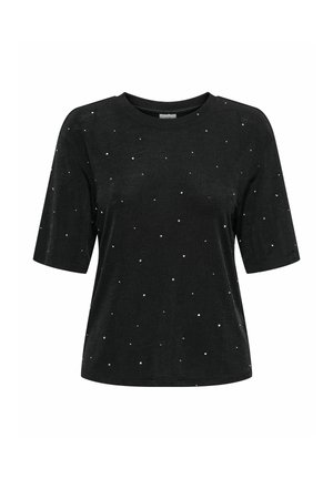 Czarny krótki rękaw t-shirt wykonany z miękkiego materiału, ozdobiony rozproszonymi srebrnymi ćwiekami dla uzyskania tekstury i detalu. Okrągły dekolt i luźny krój.