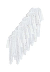 Ensemble de sept bodies blancs pour bébés avec des motifs variés, présentant des accents colorés comme des arcs-en-ciel et des animaux. Tissu doux avec des fermetures à pression.