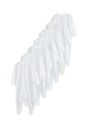 Set von sieben weißen Baby-Strampler in verschiedenen Mustern, mit bunten Akzenten wie Regenbögen und Tieren. Weicher Stoff mit Druckknopfverschlüssen.