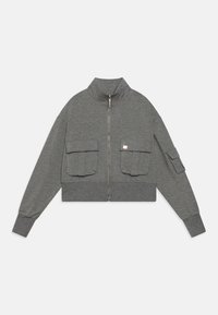 Cropped gray sweatshirt featuring a high collar, front zipper, and two large flap pockets on the chest. Soft, textured fabric with cuffed sleeves.