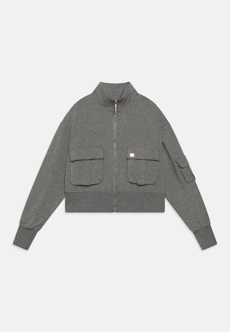 Cropped gray sweatshirt featuring a high collar, front zipper, and two large flap pockets on the chest. Soft, textured fabric with cuffed sleeves.
