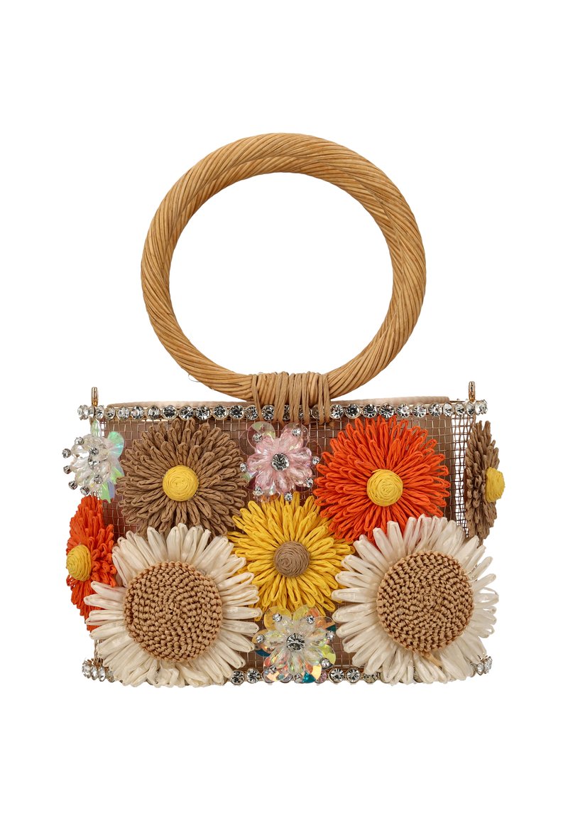 Geflochtene Handtasche mit rundem Strohrandgriff, verziert mit strukturierten Stoffblumen in Orange, Gelb, Weiß und Beige sowie klaren Schmuckstein-Akzenten.