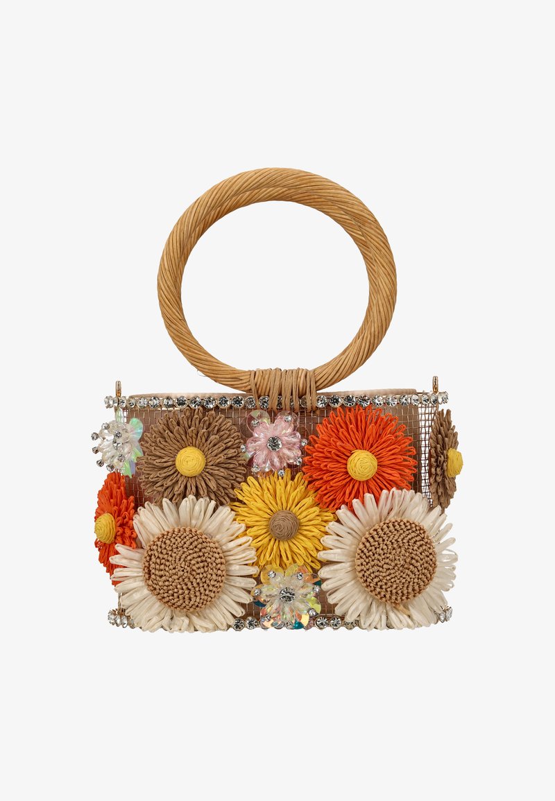 Geflochtene Handtasche mit rundem Strohrandgriff, verziert mit strukturierten Stoffblumen in Orange, Gelb, Weiß und Beige sowie klaren Schmuckstein-Akzenten.