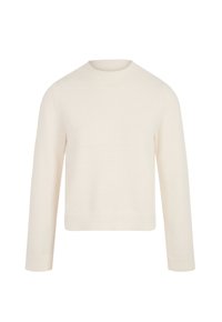 Crèmekleurige trui met een ronde hals, lange mouwen en een losse pasvorm. Gemaakt van zachte stof met een gladde textuur. Geen patronen of accenten.