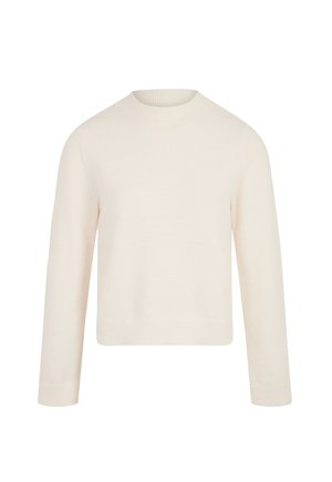 Cream-colored sweater with a round neck, long sleeves, and a relaxed fit. Made from soft material with a smooth texture. No patterns or accents.