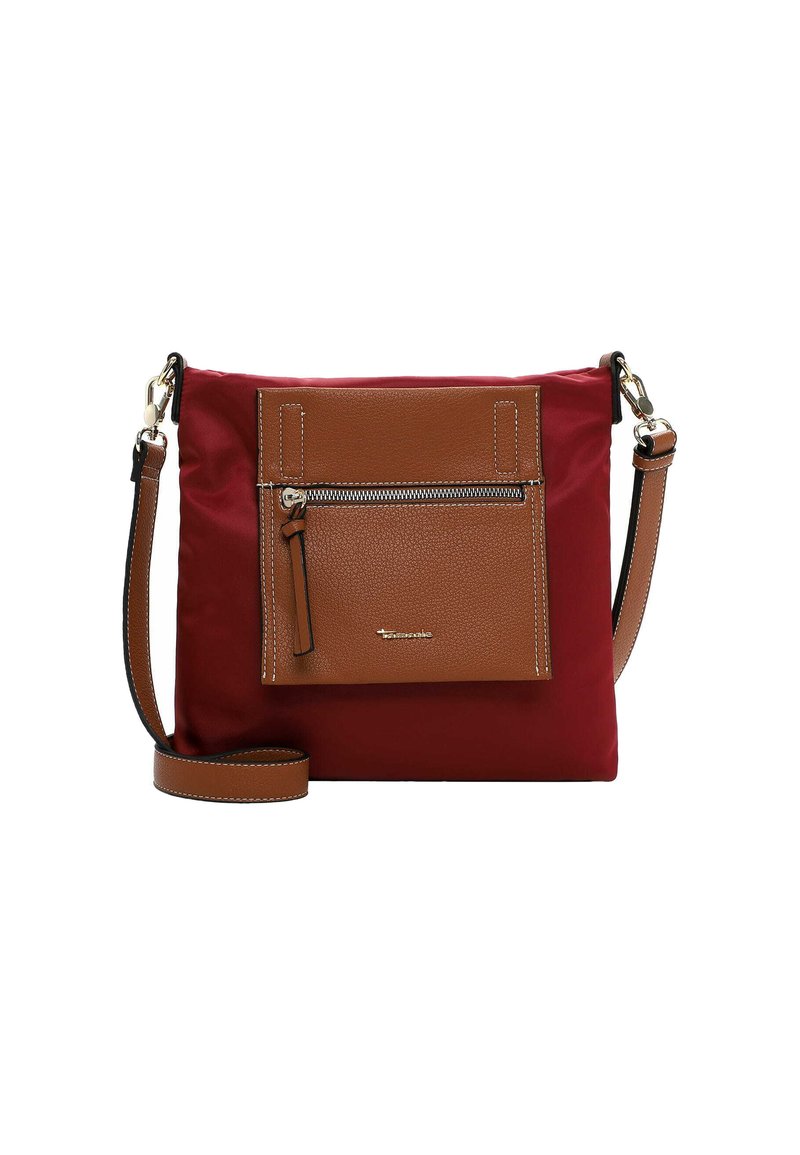 Red nylon crossbody bag with a brown leather zip pocket and strap. Features a flat design, gold hardware, and contrasting stitching.