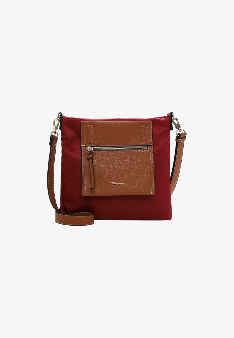 Red nylon crossbody bag with a brown leather zip pocket and strap. Features a flat design, gold hardware, and contrasting stitching.