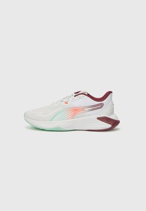 White athletic shoe with maroon accents, textured fabric upper, green-tinged sole, featuring a multicolored side stripe design.