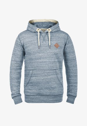 Blue heathered hoodie with a kangaroo pocket, drawstrings, and a tan leather logo patch on the chest. Ribbed cuffs and hem. Soft texture.