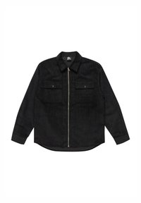 Camicia di velluto a coste nera con colletto, chiusura frontale con zip, due tasche sul petto e maniche lunghe, caratterizzata da un motivo testurizzato sottile.