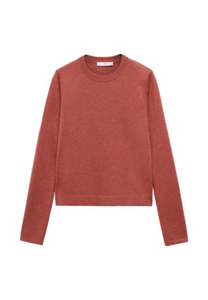 Pulover oversize, cu mânecă lungă, de culoare portocalie arsă, dintr-un material moale, având gât rotund și un tiv scurt, cu o textură netedă și uniformă.