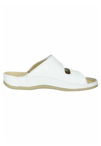 Sandalias deslizantes abiertas de punta blanca con parte superior de cuero suave, un diseño curvado y suela de goma beige. Presenta dos acentos recortados en el empeine.
