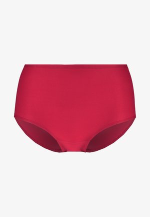 Culotte haute rouge en tissu lisse et extensible. Couleur unie sans motifs ni éléments en métal visibles. Présente un design sans couture.