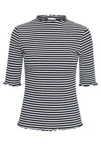 Marine- und weiß gestreiftes, tailliertes Kurzarmoberteil mit einem gewellten Halsausschnitt und gewellten Ärmeln. Weicher, gerippter Stoff; maßgeschneiderter Schnitt.